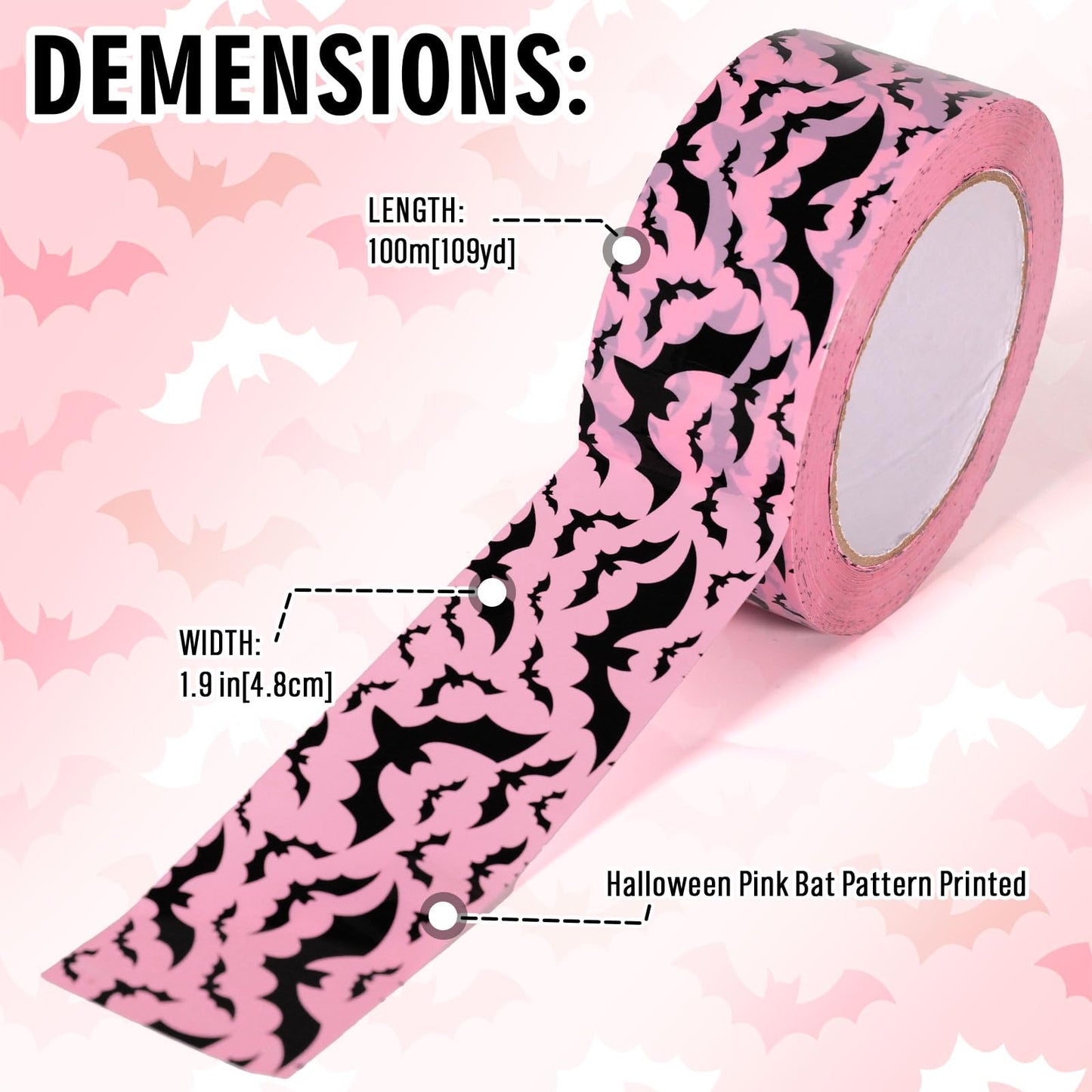 Whaline 109 Yard Halloween Packing Tape Pink Black Bat Decorative Gift Wrapping Tape for Small Business DIY Crafts Box Carton Decor