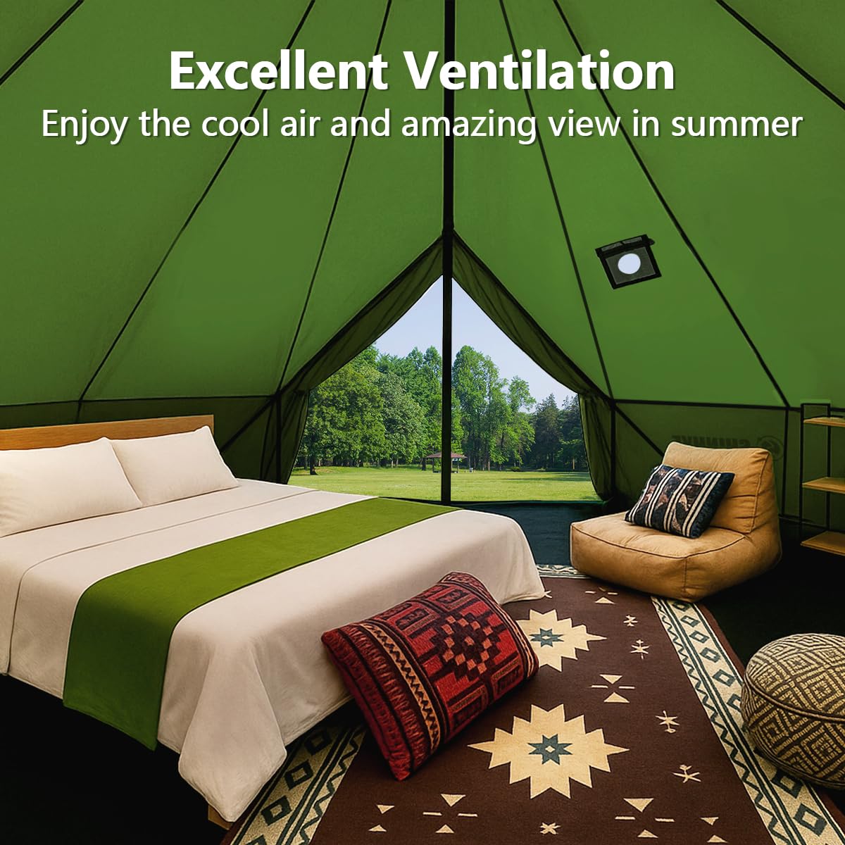 Canvas Bell Yurt Tent with Stove Jack, Waterproof Luxury 4 Season Tents for Family Outdoor Camping 100% Cotton Green Glamping Tents for Hunting, Partie, All Year Living (3M- 97 sq. ft yurt)