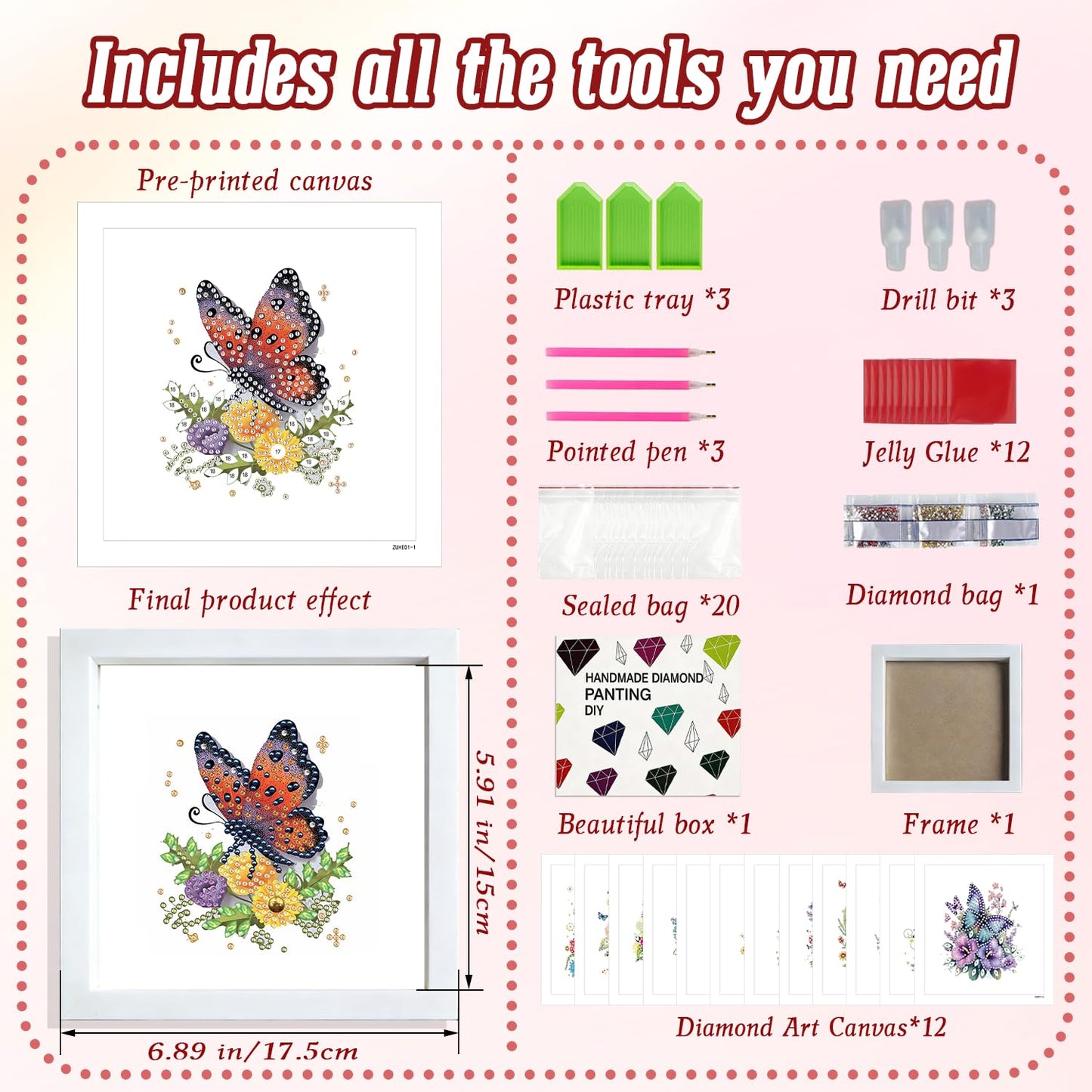 DOZEEZOP 12-Pack Interchangeable Diamond Art Kits for Adults Beginners Teens with Frame, Butterfly & Floral 5D Diamond Paintings with Round Partial Drill, Home Decor DIY Craft Gift (7x7 Inch)