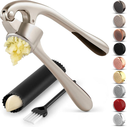Zulay Kitchen Garlic Press Set - Rust-Proof Professional Mincer with Ergonomic Handle & Silicone Peeler (Silver)
