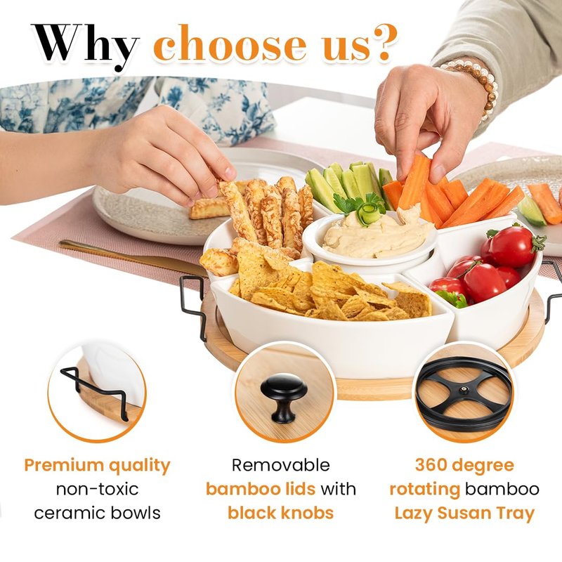 DEVA Home Design Chip and Dip Serving Set | Rotating Bamboo Lazy Susan Appetizer Tray with Black Handles | White Ceramic Bowls with Bamboo Lids | Divided Round Party Platter | Giftable