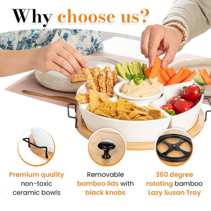 DEVA Home Design Chip and Dip Serving Set | Rotating Bamboo Lazy Susan Appetizer Tray with Black Handles | White Ceramic Bowls with Bamboo Lids | Divided Round Party Platter | Giftable