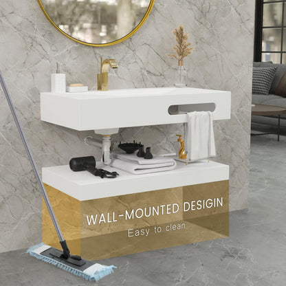 QJ&XY Resin Bathroom Sink 32" Wall Mounted V-Shaped White Basin with Towel Rack, Floating Vanity Sink in Soft-Touch Finish (Double Tier)