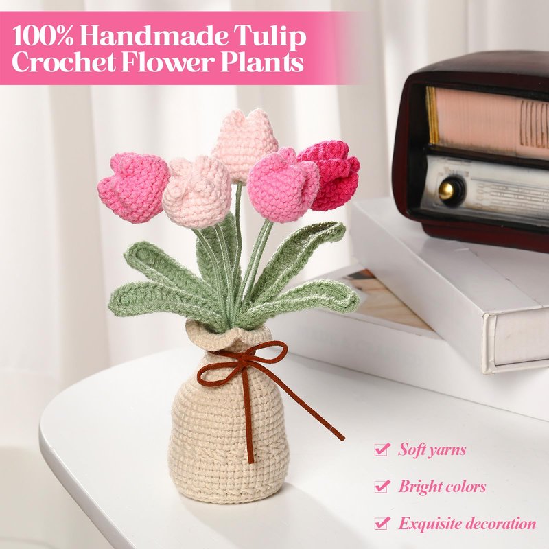 Marsui Crochet Knitting Tulip Bouquet with Vase 7" Knitted Artificial Forever Tulip Handmade Woven Flower with Exquisite Pot Gift for Valentine's Day Back to School Gift Family Home Desk Decor(Pink)