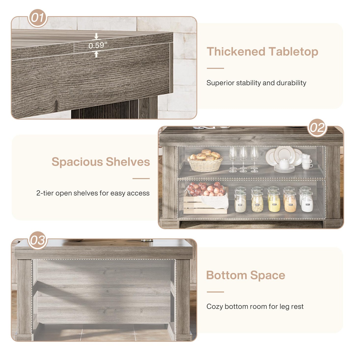 Tribesigns 55" Kitchen Island with Seating and Storage, 3-Tier Farmhouse Wood Stationary Island Table with Large Worktop & Leg Room, Coffee Bar Table with Storage Shelves for Kitchen, Grey