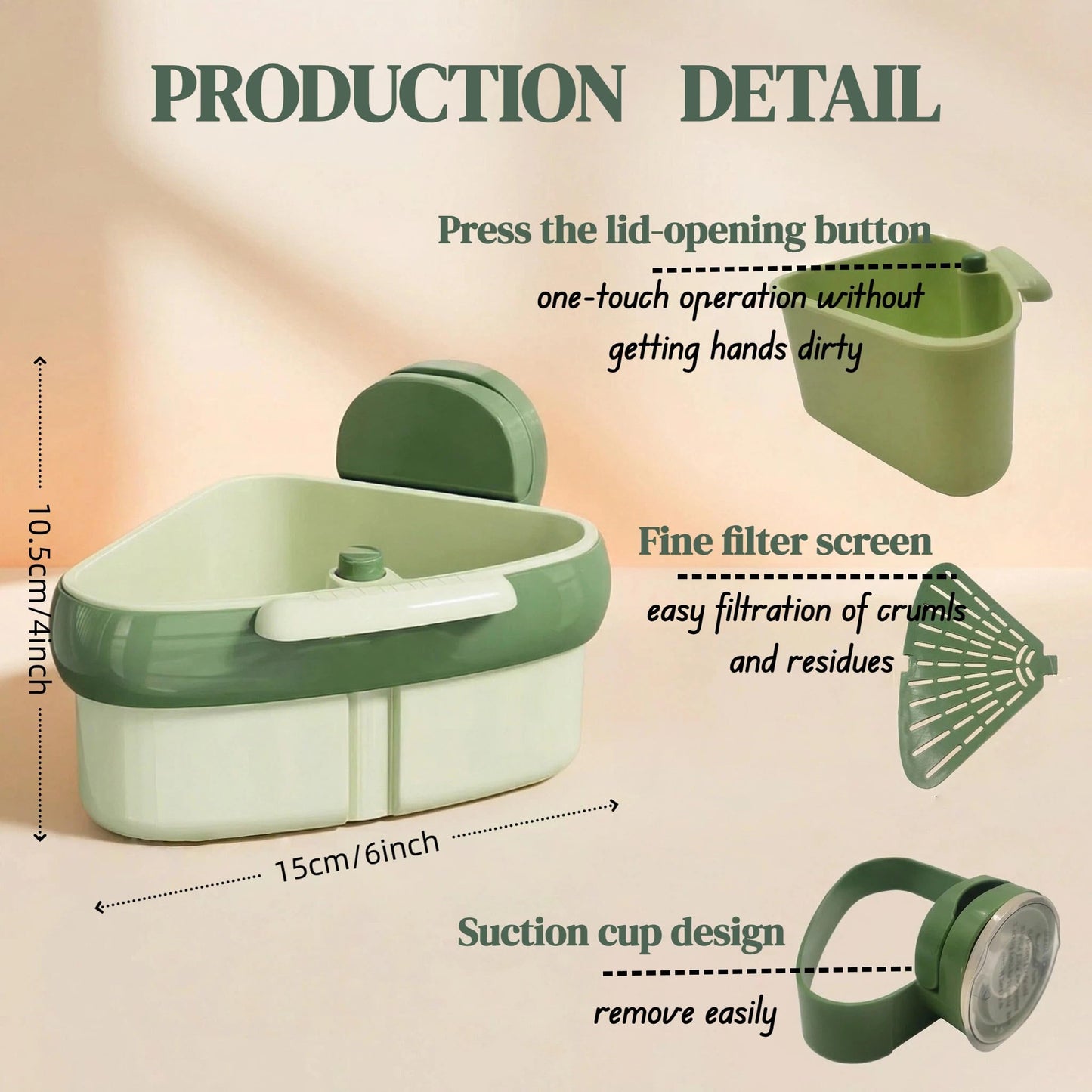 2 Pack Suction Cup Corner Sink Strainer, Press 2026 Upgraded Automatic Dumping Food Waste Catcher for Sink, Triangle Kitchen Sink Strainer Basket, Faucet Sponge Storage Rack (Green + Yellow)