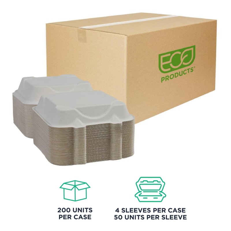 ECO PRODUCTS Compostable 8" Clamshell To Go Containers, Case of 200, Square Take Out Food Box, White Renewable Molded Fiber, Microwaveable & Freezable, Grease & Cut Resistant, ASTM Compliant