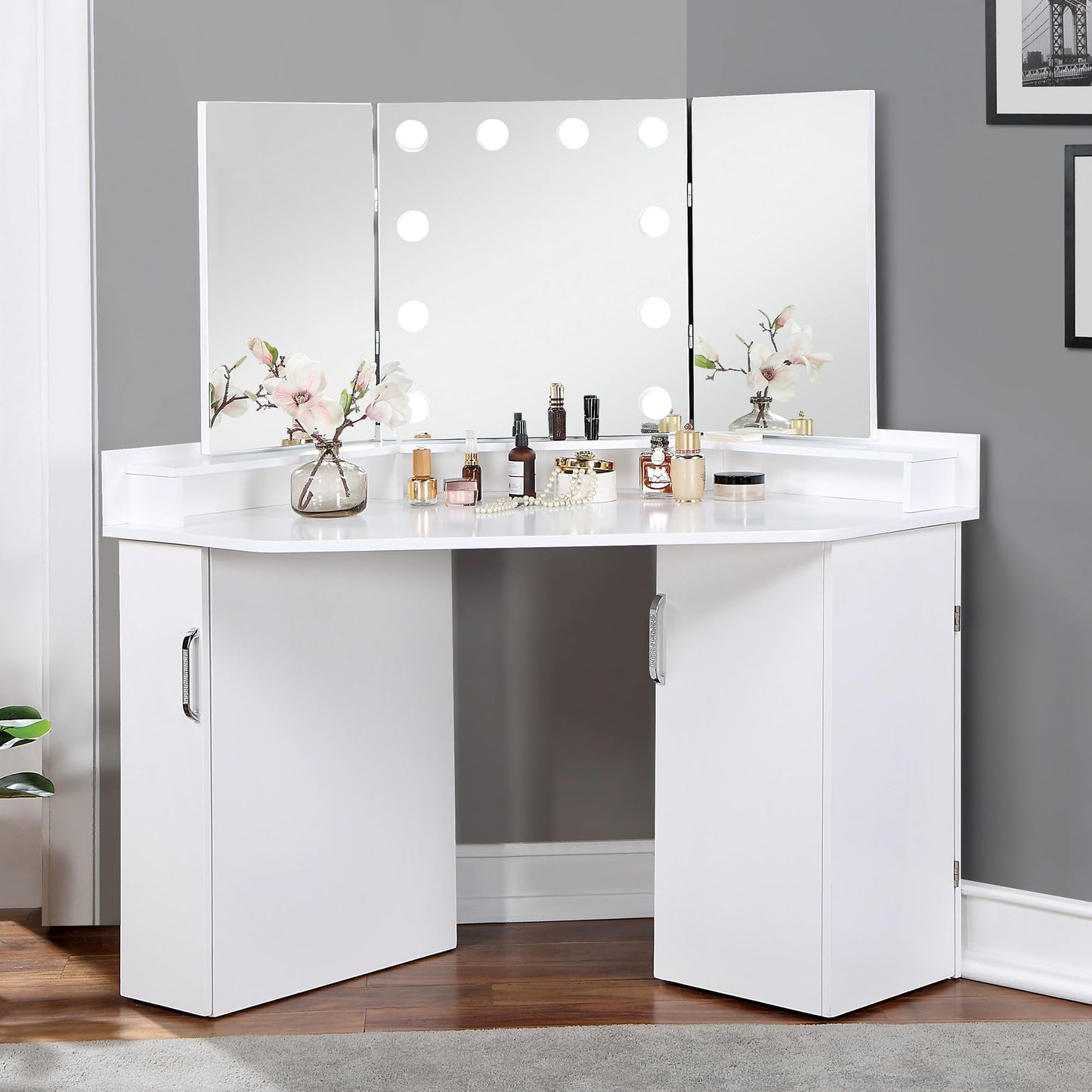 Furniture of America Sebastian Glam Solid Wood Vanity Set, Include Multiple Drawers Table and Mirror with 10 Bulbs for Bedroom, Dressing Room, Bathroom, Guest Room, White