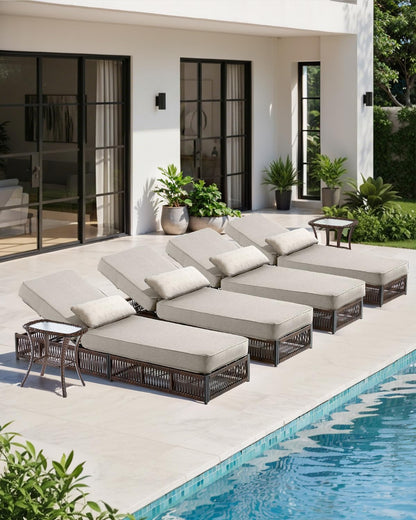 ACTREST Luxury Outdoor Chaise Lounge Chairs of 4 with 5 Inch Thick Cushions and Side Table - 6 PCS High Back Brown Wicker Rattan Patio Recliners Lounger Furniture Set for Poolside Sunbathing - Beige