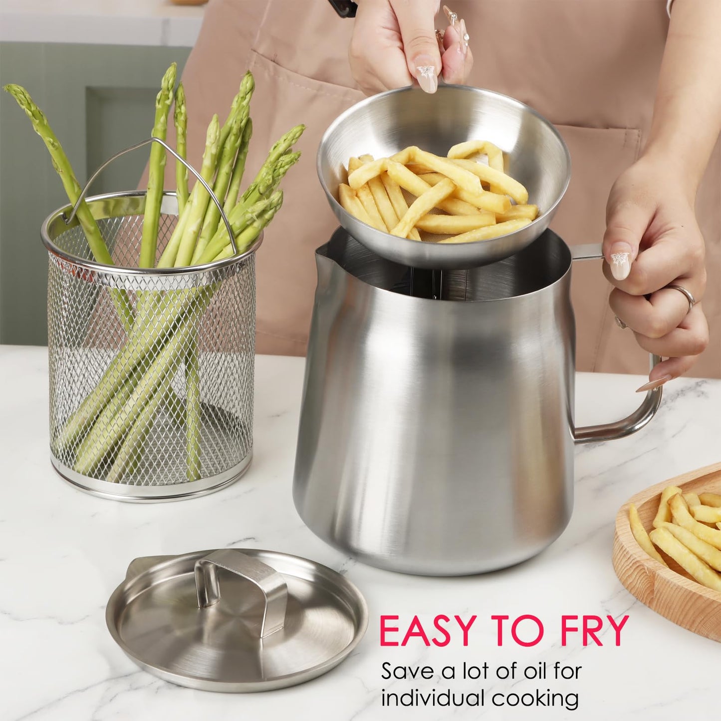 68oz 304 Stainless Steel Oil Filter Pot, Heavy Duty Bacon Grease Container & Deep Fryer Basket, Large Capacity Multi-function Oil Filter Vessel with Strainer for Kitchen Storing Frying Cooking Grease