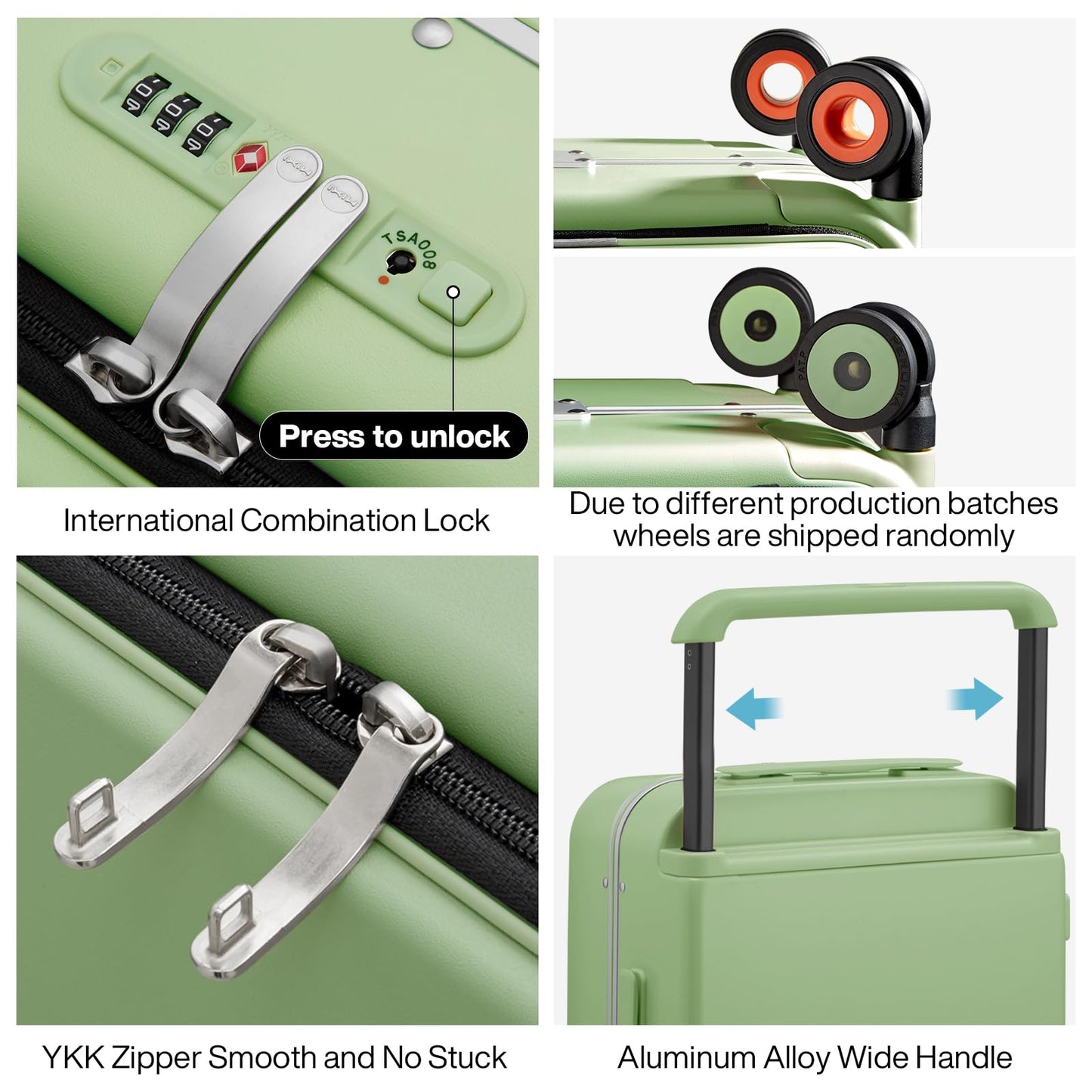 mixi Carry On Luggage Wide Handle Luxury Design Rolling Travel Suitcase PC Hardside with Aluminum Frame Hollow Spinner Wheels, with Cover, 20 inch, Avocado Green