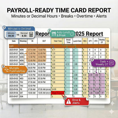 Tymelix App Control, 5s Fast Connection, Fix Records, Custom Overtime, Lunch & Break Rules, 4 Payroll Reports, No Monthly Fee, 10 IC Cards Included, Fingerprint & Face Time Clock for Small Business