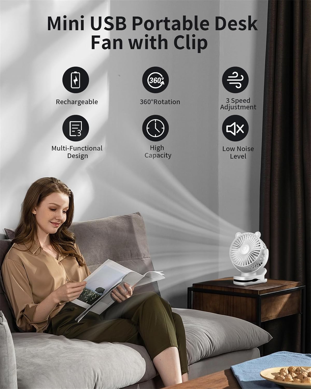 Clip on Fan, Rechargeable Portable Fan with 2000mAh Battery, Stroller Fan with Powerful Clip Design, 3 Wind Speed, 360°