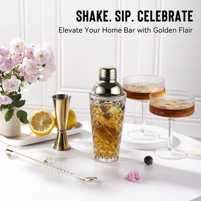 Cocktail Shaker Set with Coupe Glasses – 5-Piece Gift Set Includes Pineapple Glass Shaker with Gold Lid, Jigger, Bar Spoon & 2 Ribbed Gold-Rimmed Glasses – Bartender Kit for Home Bar