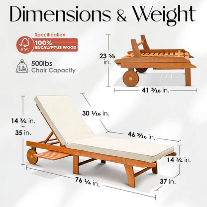 IDZO Upgraded Cushion Outdoor, 500lbs Capacity Patio Pool Loungers, Stackable and Foldable Design, Reclining Backrest, Federica Wood Chaise Lounge, Brown