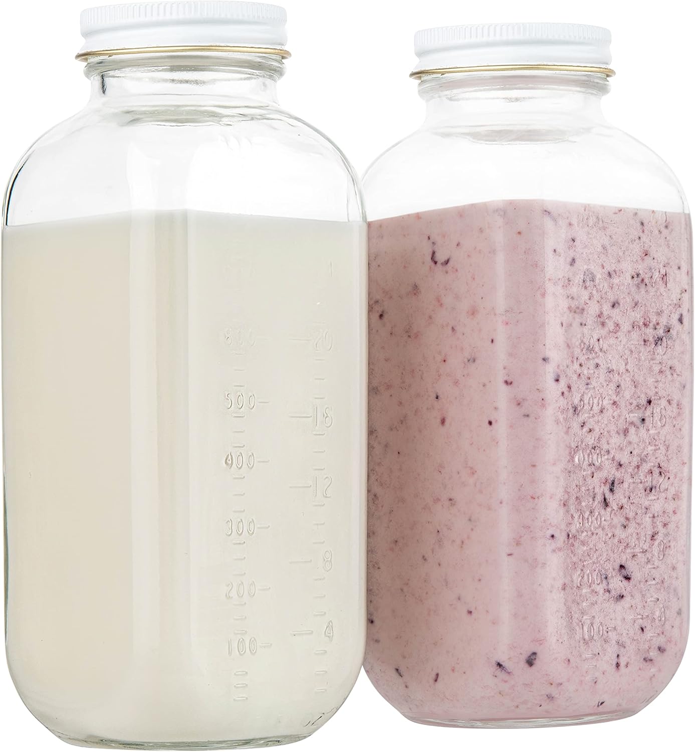 32oz kitchentoolz Square Glass Milk Bottle with White Metal Airtight Lids - Vintage Reusable Milk Jugs - Dairy Drinking