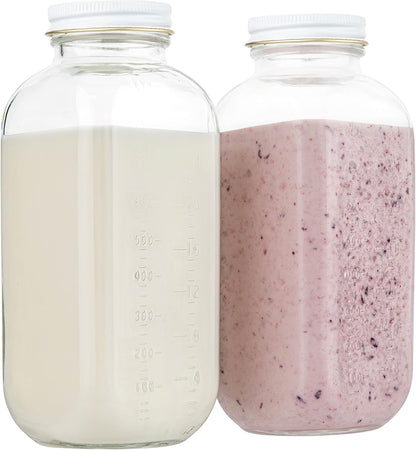 32oz kitchentoolz Square Glass Milk Bottle with White Metal Airtight Lids - Vintage Reusable Milk Jugs - Dairy Drinking