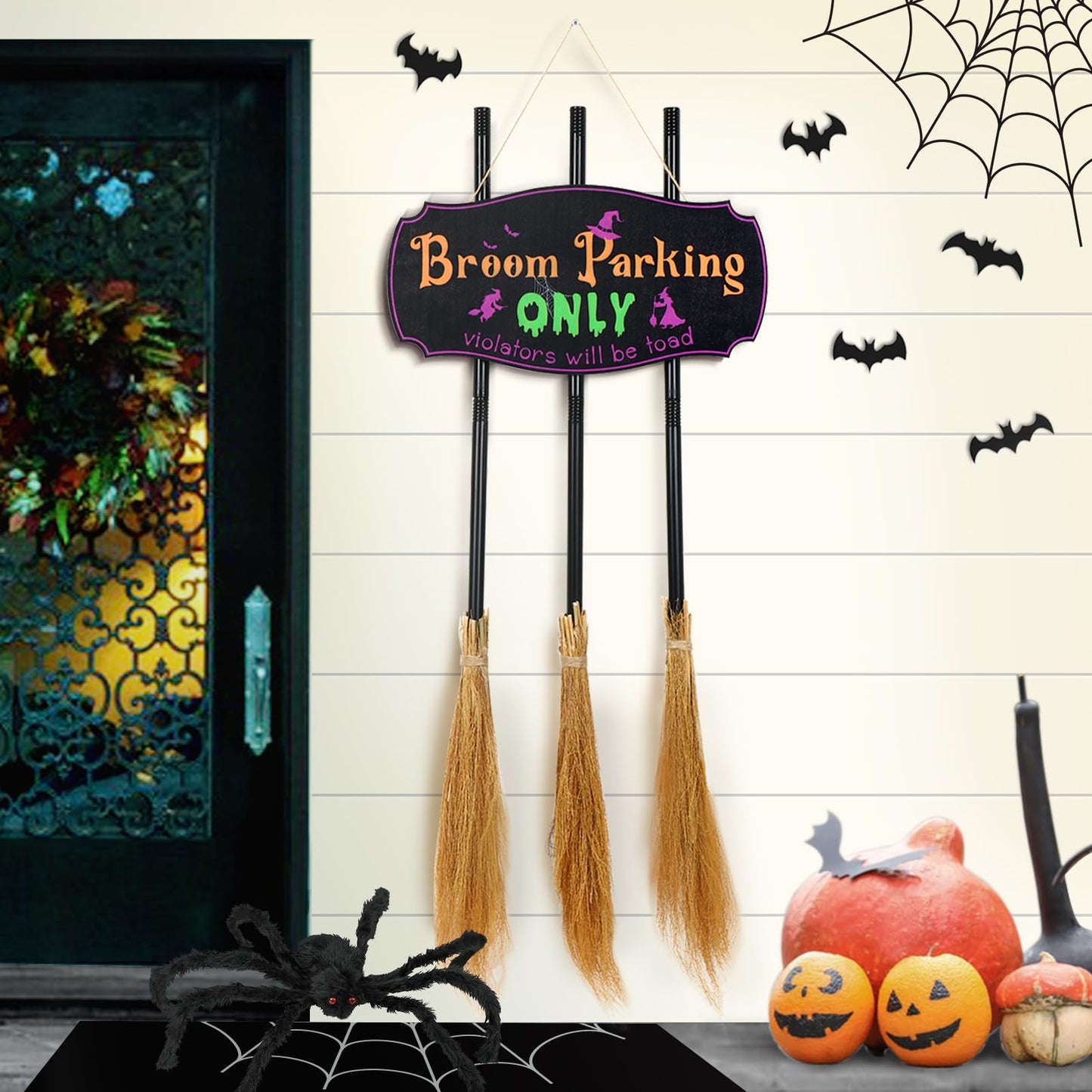 Bnesi Halloween Creative Wall Decorations, Broom Parking Sign with 3 Removable and Placeable Witches Brooms, Outdoor Front Porch or Indoor Living Room Wall Halloween Decoration (Halloween)