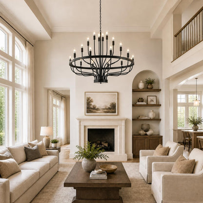 Shandaglo Large Black Chandelier 24-Light, Round 3-Tier Wagon Wheel Fixture, 39 in Farmhouse Candle Pendant with E12 Base for Dining Room, Foyer, Living Room, Hallway, High Ceiling
