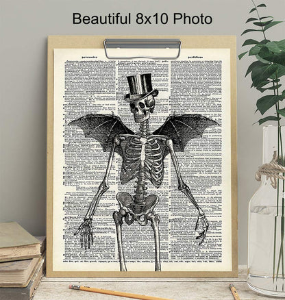 Skeleton Decor - Bat Wall Decor - Steampunk Decoration - Gothic Home Print Wall Art - Goth Room Picture - Gothic Gifts - Medieval Art - Creepy Scary Poster 8x10 - Halloween Decorations - Skull Picture