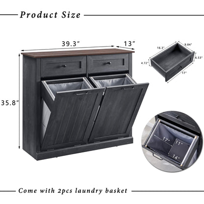 IFGET Double Tilt Out Trash Cabinet, 20 Gallon Farmhouse Laundry Hamper Cabinet with 2 Drawers, Hidden Wooden Trash Can Cabinets with Storage Basket for Kitchen, Living Room (Dark Grey)