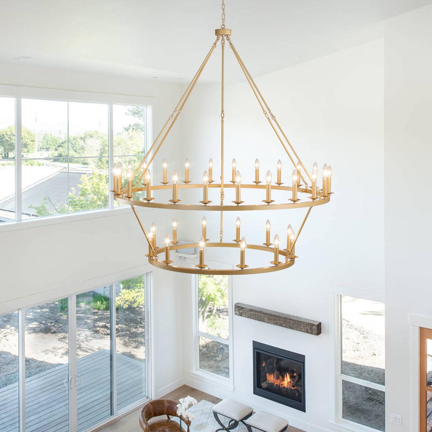 QJMPP Gold Wagon Wheel Chandelier 2 Tier 53-Inch 36-Light,Extra Large Circle Rustic Farmhouse Light Fixture,Round Metal Chandeliers for Foyer Entryway Dining Room Living Room High Ceilings