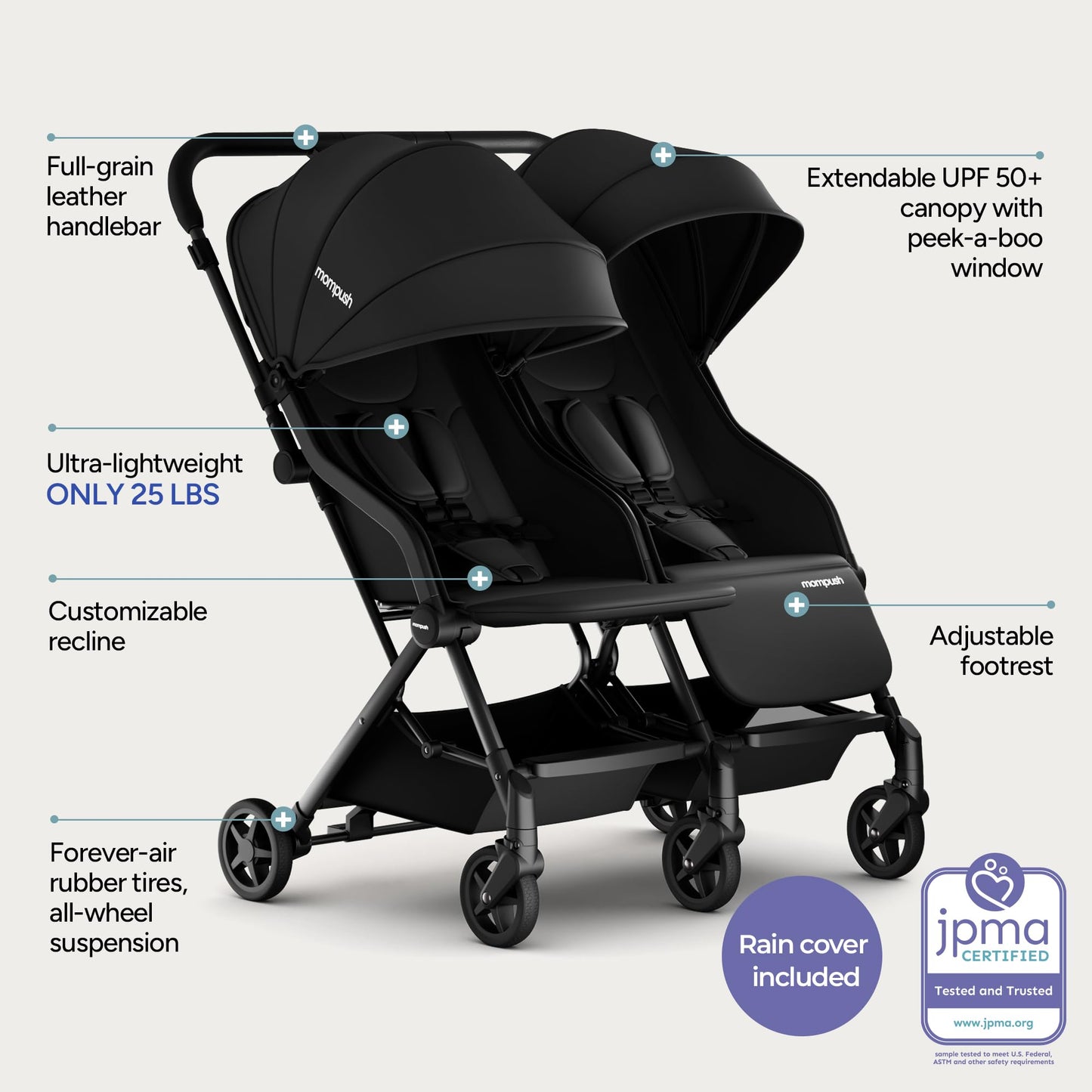 Mompush Lithe Double Stroller for Infant and Toddler, Lightweight Side by Side Twin Stroller, Only 25 lbs, 30-Inch Slim Fit Through Doorways, One-Step Fold, Independent Recline, UPF 50+ Canopy