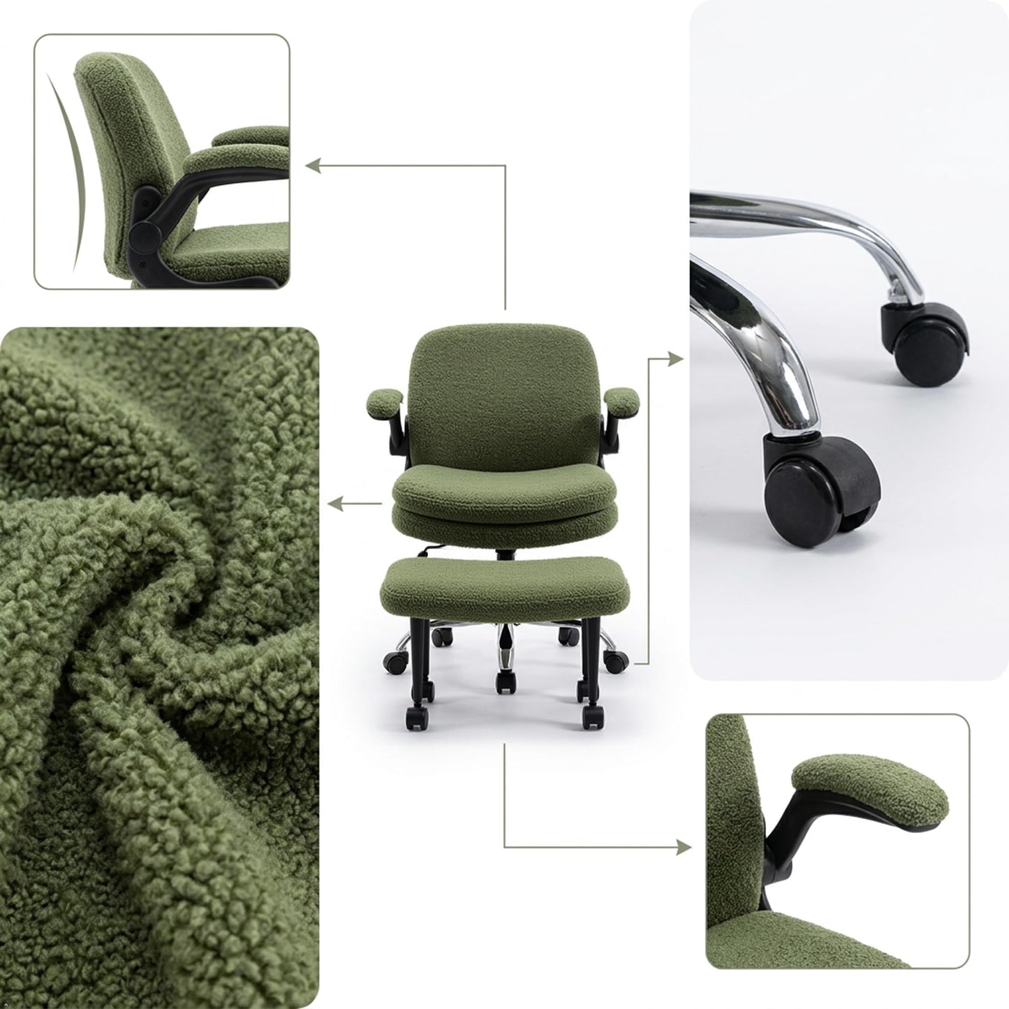 IWMH Cross Legged Office Chair with Flip-up Armrests for ADHD, Extra Wide Seat Criss Cross Desk Chair with Stretchable Footrest & Wheels for Adults, Ergonomic Meditation Chair for Home Office (Green)