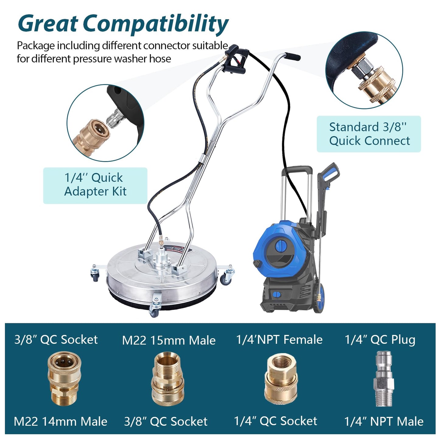 GarveeLife 24 in Pressure Washer Surface Cleaner with Dual Handle, 4 Wheels, 3/8 in Quick Connect, 2 Nozzles, Stainless Steel Power Washer Surface Cleaner for Driveway Sidewalk Patio, 4000 PSI