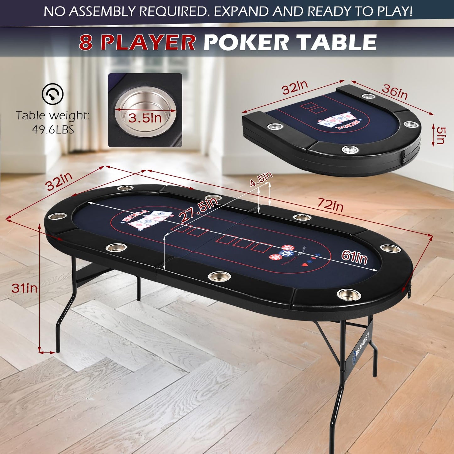 REAHOISY 72" Foldable Poker Table, 8 Player Folding Poker Tables with Casino Grade Felt, Padded Rails & Cup Holders, Portable Poker Table for Texas Holdem