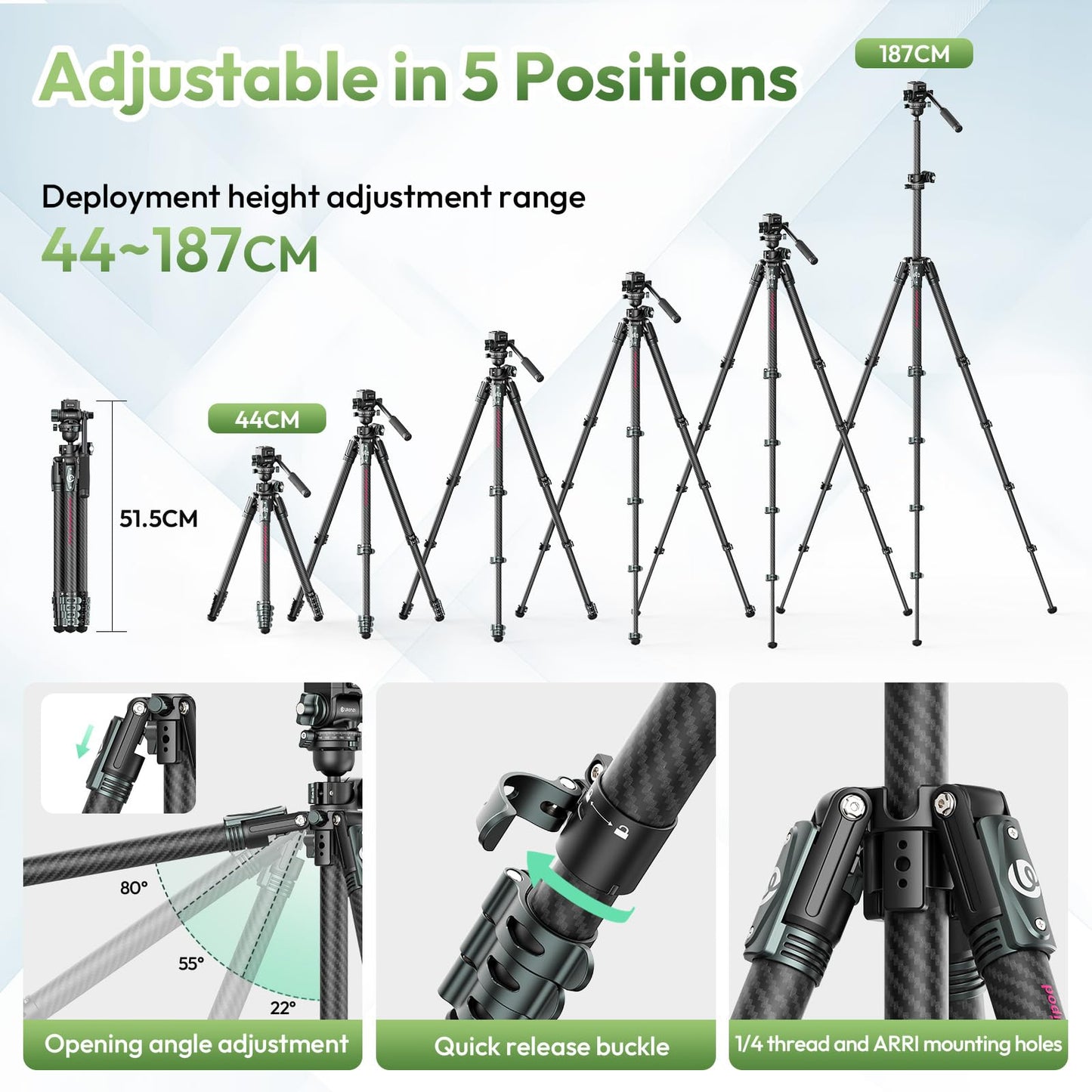 ULANZI JJ06 GlideGo Carbon Fiber Video Tripod, Dual 360° Pan Head, 73.6 inch Max Height, 11 lb Load, UKA Quick Release, Professional Portable Lightweight Travel Tripod with Bag