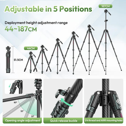 ULANZI JJ06 GlideGo Carbon Fiber Video Tripod, Dual 360° Pan Head, 73.6 inch Max Height, 11 lb Load, UKA Quick Release, Professional Portable Lightweight Travel Tripod with Bag