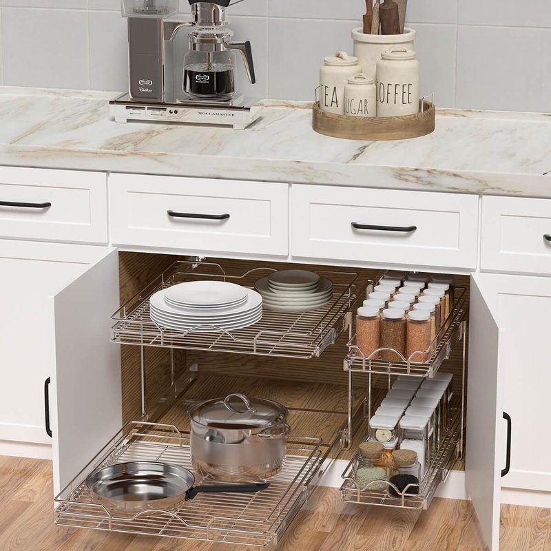 OCG 2 Tier Pull Out Cabinet Organizer (18.5" W x 21" D), Pull Out Drawers for Kitchen Cabinets, Pull Out Shelves for Base Cabinet Organization in Kitchen Bathroom Pantry, Chrome Finish