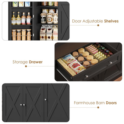 HIFIT 72.8” LED Kitchen Pantry Cabinet with Charging Station, 55” Wide Pantry Storage Cabinet with Large Countertop&Shelves&Drawers, Farmhouse Kitchen Hutch Coffee Bar for Living Room, Black