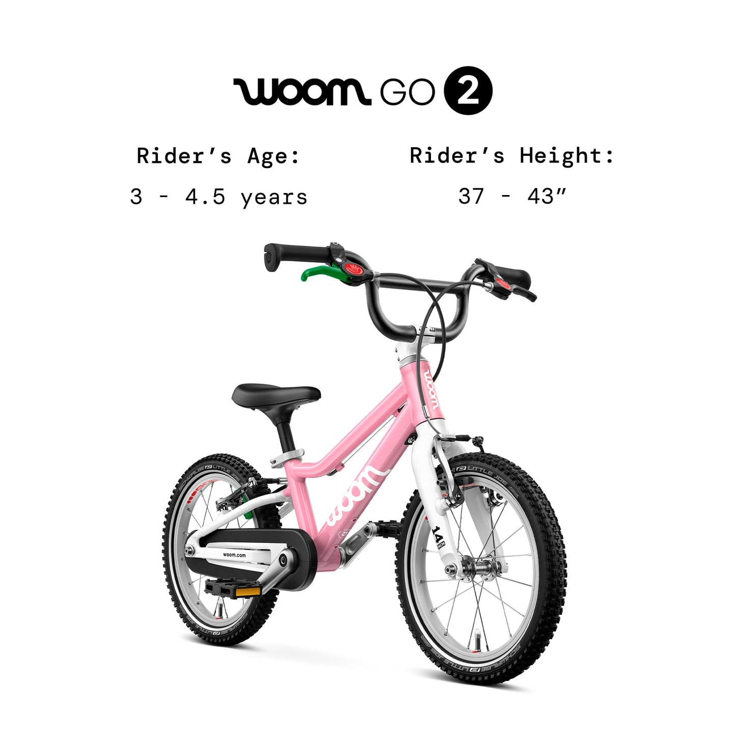 woom GO 2 Bicycle for Children 3 to 4.5 Years Old, 14-Inch Lightweight Bike with Handbrake, Steering Limiter & Chainguard for Boys & Girls - Powder Pink