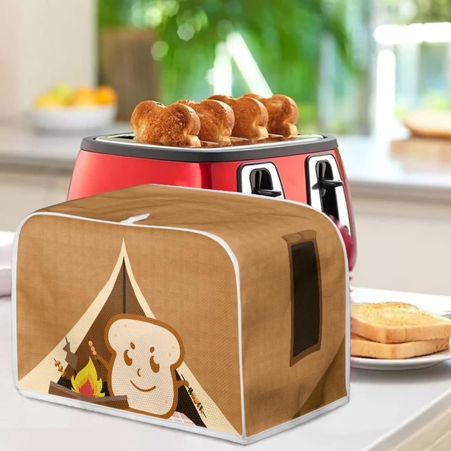 chaqlin Toaster Covers 4 Slice Wide Slot, Brown Cute Toast Print, Machine Washable Bread Maker Cover