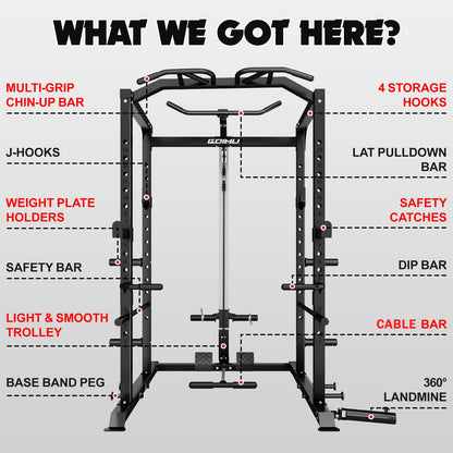 Goimu C1-V4 Power Cage, 2000LBS Squat Rack with LAT Pulldown, Multi-Function Weight Cage Strength Training Machine, Workout Cage with More Attachments for Home Gym Garage (C1-Pro Bk)