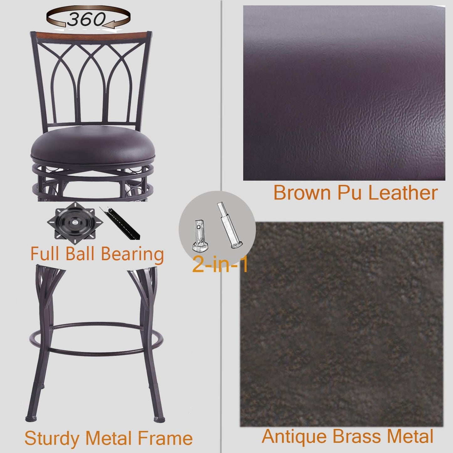 MIITODAY Farmhouse Swivel Bar Stools with Backs Set of 2, Adjustable 25"/30" Industrial Counter & Bar Chairs with Brown PU Leather, Antique Brass Metal, Vintage Rustic Wood for Kitchen, Pub, Bistro