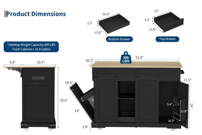 Large Rolling Kitchen Island with Power Outlet, Mobile Kitchen Cart on Wheels with Drop Leaf, 3 Drawers, Trash Can Storage, Spice Rack, Towel Holder, Kitchen Island Table for Dining Room, Home, Black