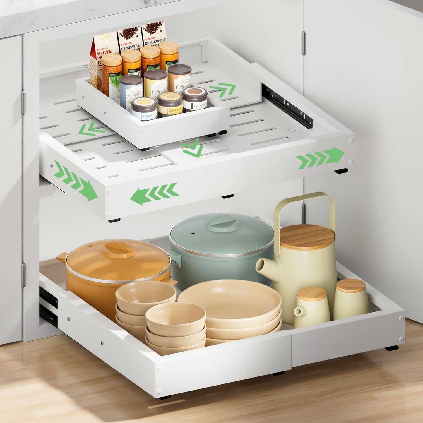 BUFOR 2 Pack Pull out Cabinet Organizer, Width (12"-19") Depth (17"-23"), with 3 Rails Adjustable Slide, Expandable Pullout Drawers for Cabinets, No Drill Adhesive Kitchen Drawers for Pantry Shelves