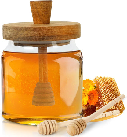18oz Set, Loscarol Honey Pot with Dipper and Lid - Glass Honey Jar with Wooden Honey Dippers Stick Wide Mouth Honey