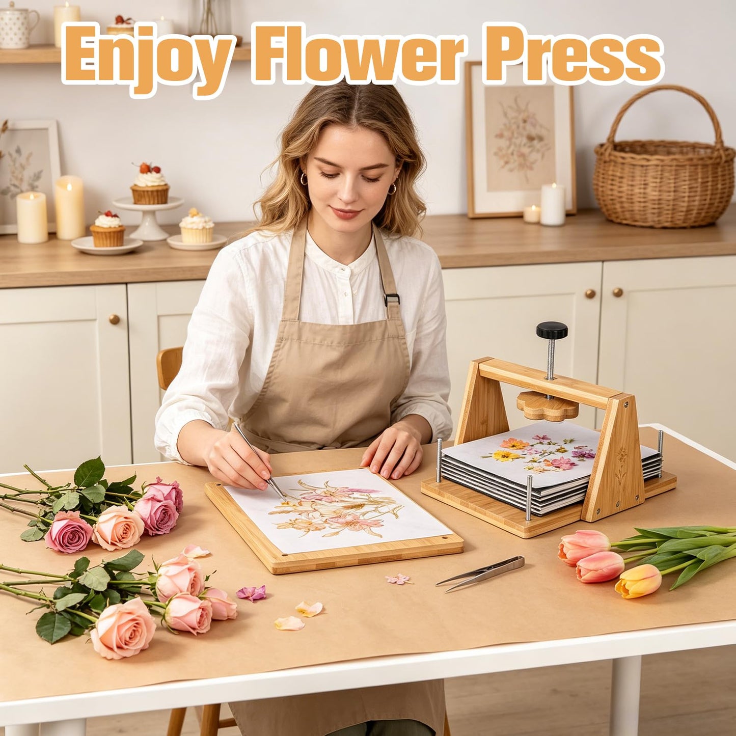 Bemoauty Flower Pressing Kit for Adults and Teens, 6 Layers Wood Flower Press 11.8" x 8", Flower Preservation Kits with 6 Sponge Sheet, Drying Plates and 24 Lining Papers, DIY Art & Crafts Gift