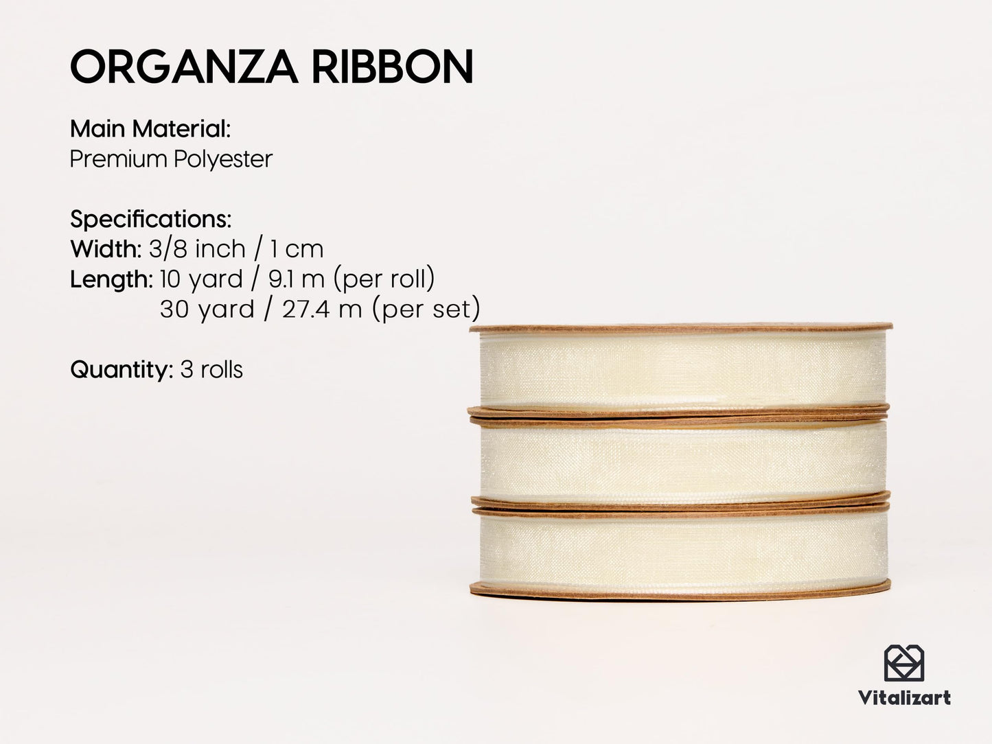 Vitalizart 3/8" x 30Yd Organza Ribbon Cream White Sheer Ribbons Set 10 Yd x 3 Rolls Ivory Handmade Eco-Friendly for Gift Wrapping Christmas Tree Crafts Bows Wedding Invitations Wreaths