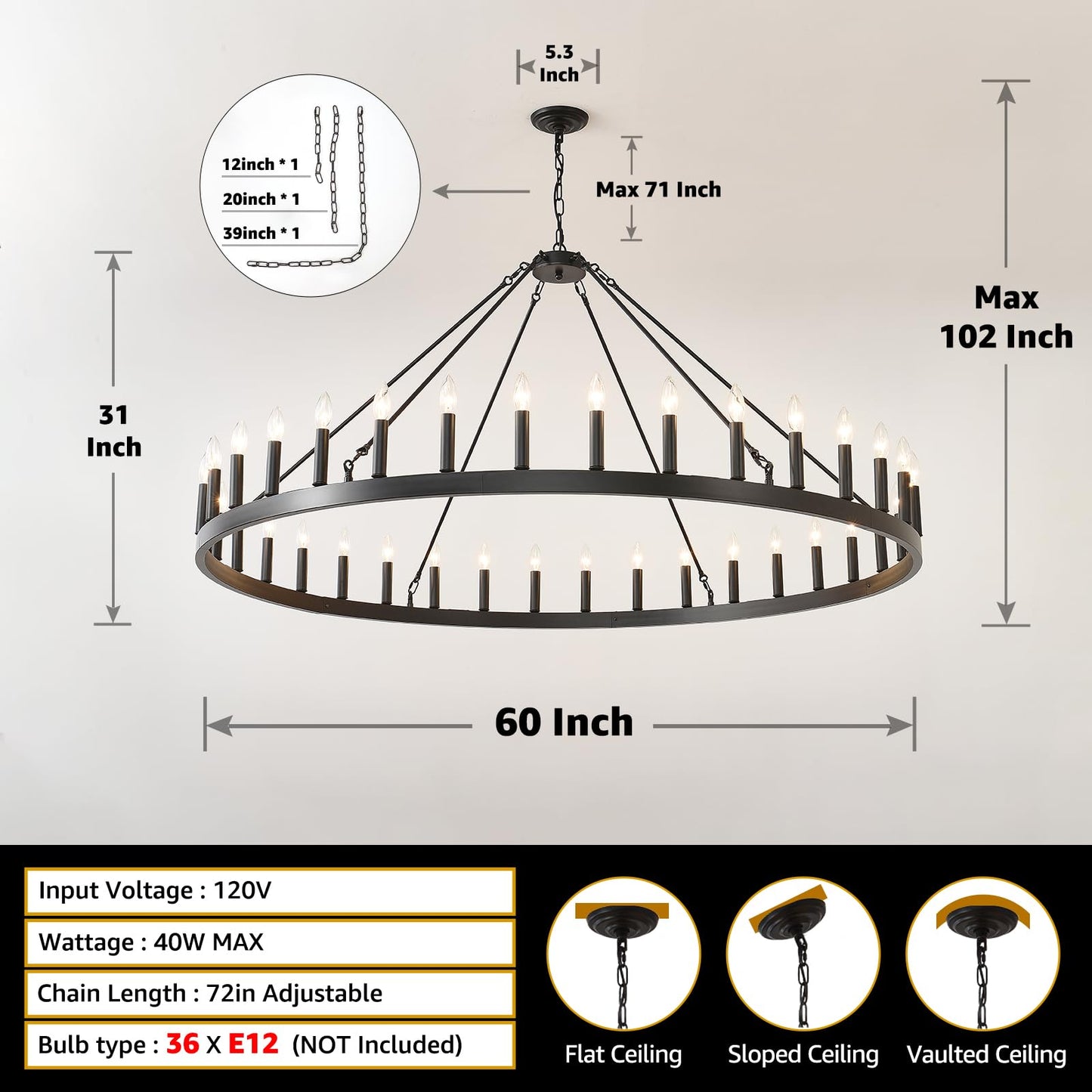 TESTOYS Modern Wagon Wheel Light Fixture 36-Light, 60-Inch Extra Large Farmhouse Chandelier for Entryway, Round Outdoor Chandeliers for Living Room Dining Room Foyer