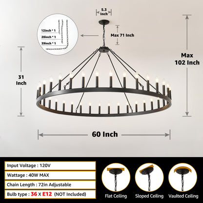 TESTOYS Modern Wagon Wheel Light Fixture 36-Light, 60-Inch Extra Large Farmhouse Chandelier for Entryway, Round Outdoor Chandeliers for Living Room Dining Room Foyer