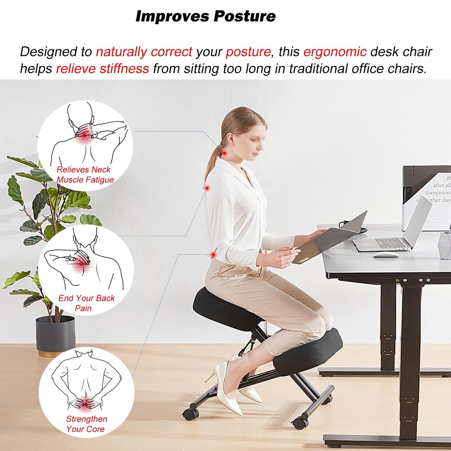 Office Chair Cross Legged Chair，Height Adjustable Kneeling Desk Chair with 4 Universal Wheels, Black Meditation Chair with Thick Seat, Ergonomic Kneeling Chair for Office/Classroom
