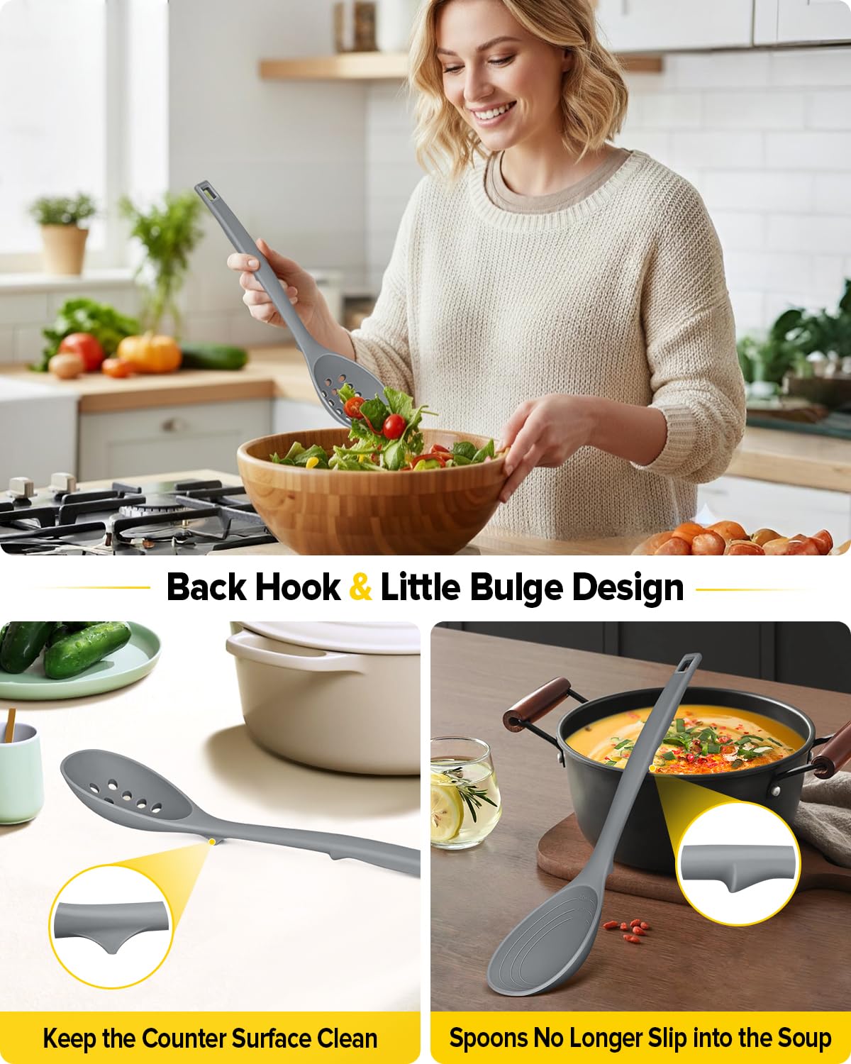 Pack of 2 Silicone Cooking Spoons, Non Stick Solid Kitchen Spoon with Measuring Marks & Back Hooks, Heat Resistant Silicone Slotted Spoon for Cooking, Mixing, Stirring,Serving (GRAY)