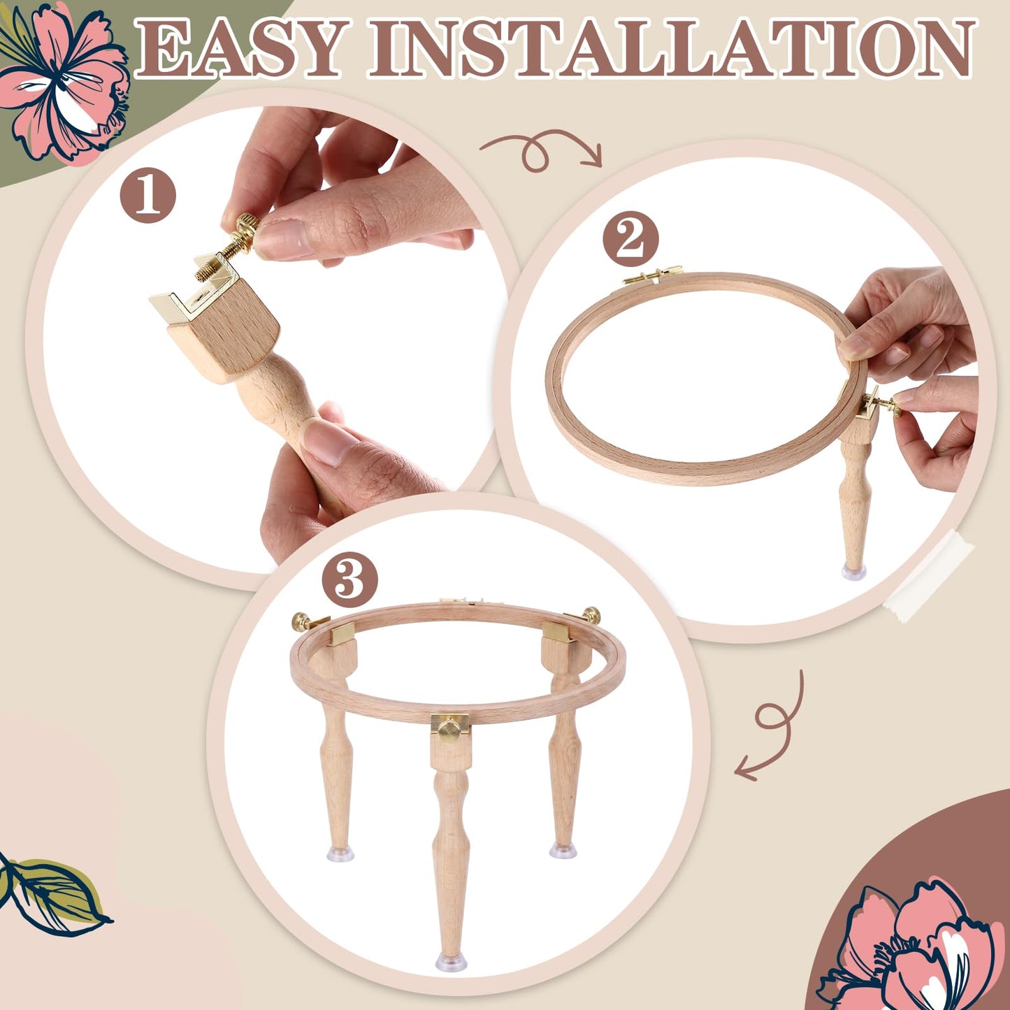 Novabright 3 Wooden Embroidery Hoop Holder Legs with 6 Round Hoops 5'' to 10'' 6 Sizes, Adjustable Embroidery Stand Frame Legs Standard Full Coverage for Upgrade Sewing Cross Stitch Home Craft Project