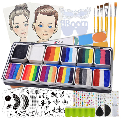 OPHIR Professional Face Painting Kit for Kids & Adults, 5.14 oz Non Toxic Water Activated Rainbow Split Cake Face Paint with Stencils, Brushes, Practice Boards for Summer Fun Halloween Party Festivals