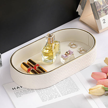 Hipiwe PU Leather Valet Tray with Gold Line Perfume Vanity Tray Catchall Tray for Jewelry Trinket Oval Bedside Nightstand Organizer for Home Decor, White